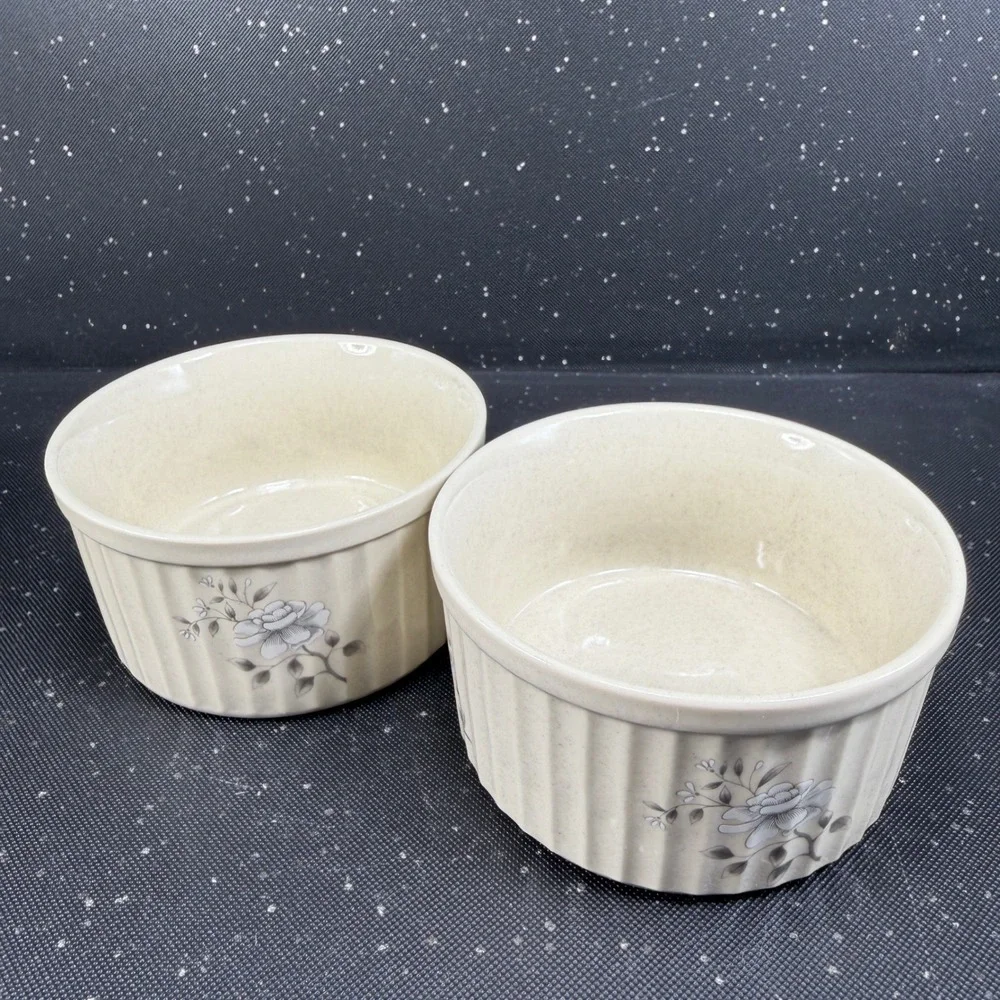 Southampton Stoneware Collection Ramekins Set 2 Grey Floral Cream Made in Japan